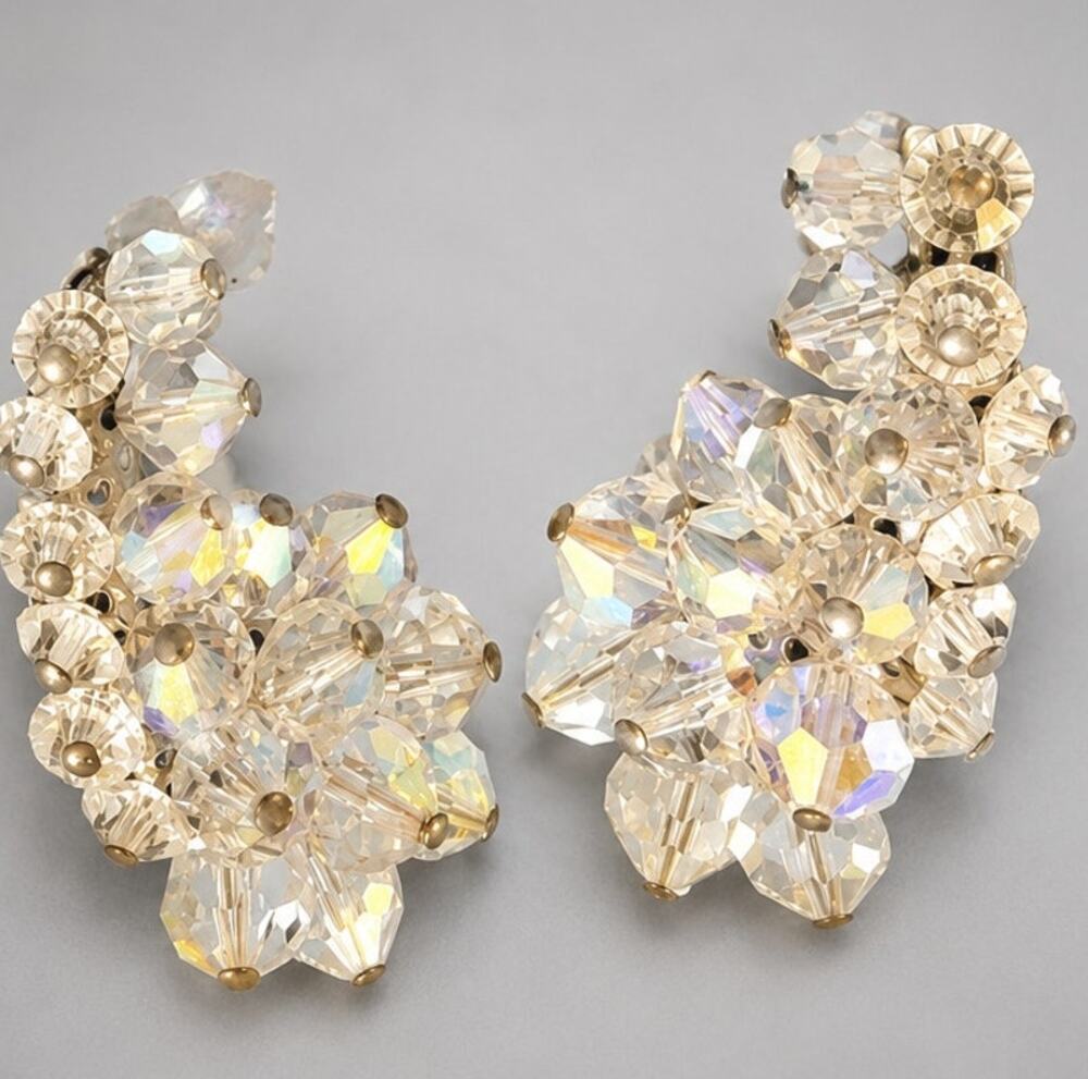 Vintage Large Crystal Clip on‎ Earrings 1.25" Climbers Mid-Century Mogul wc-7